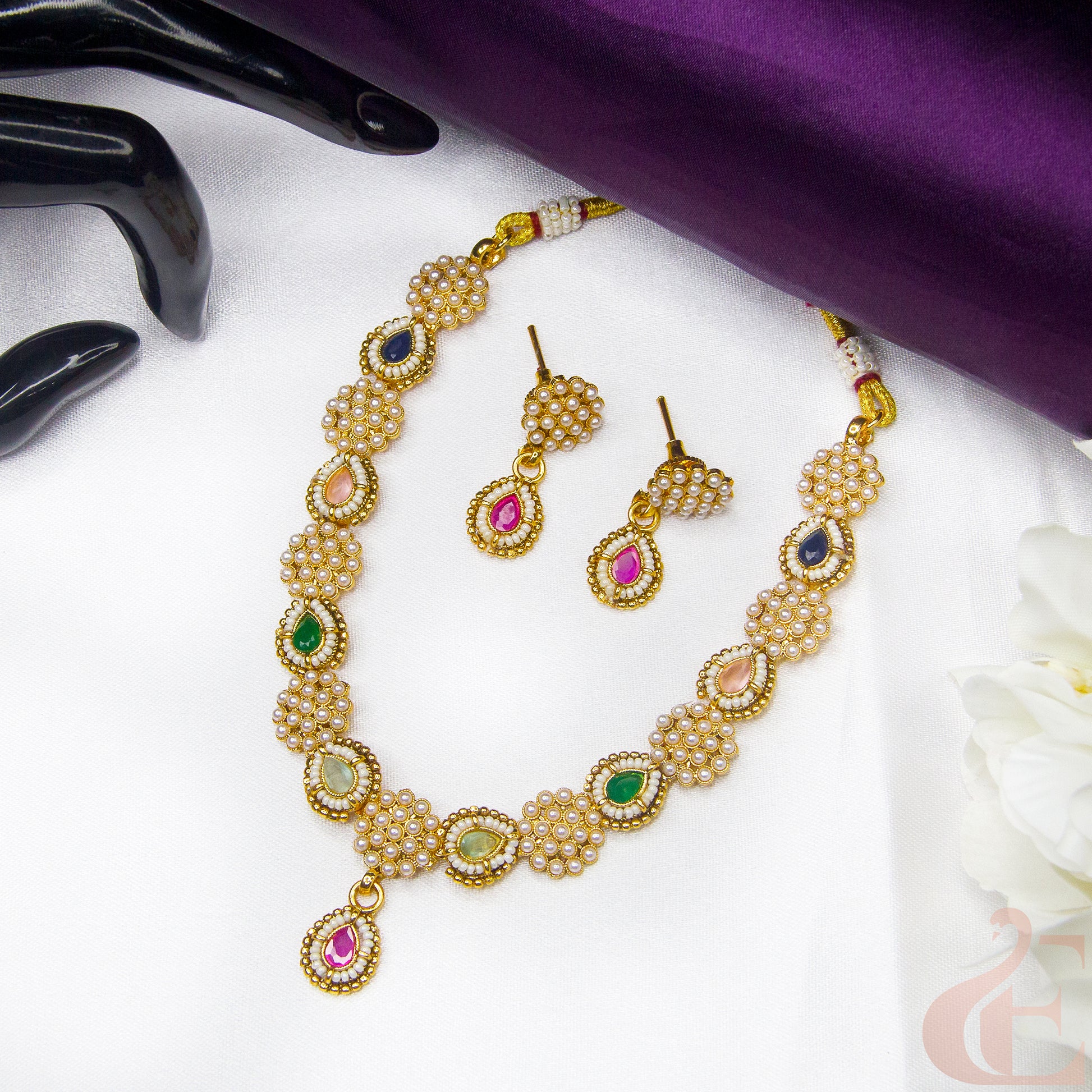 Top view of Antique Design Pearl Necklace & Earrings , Multi color stones 