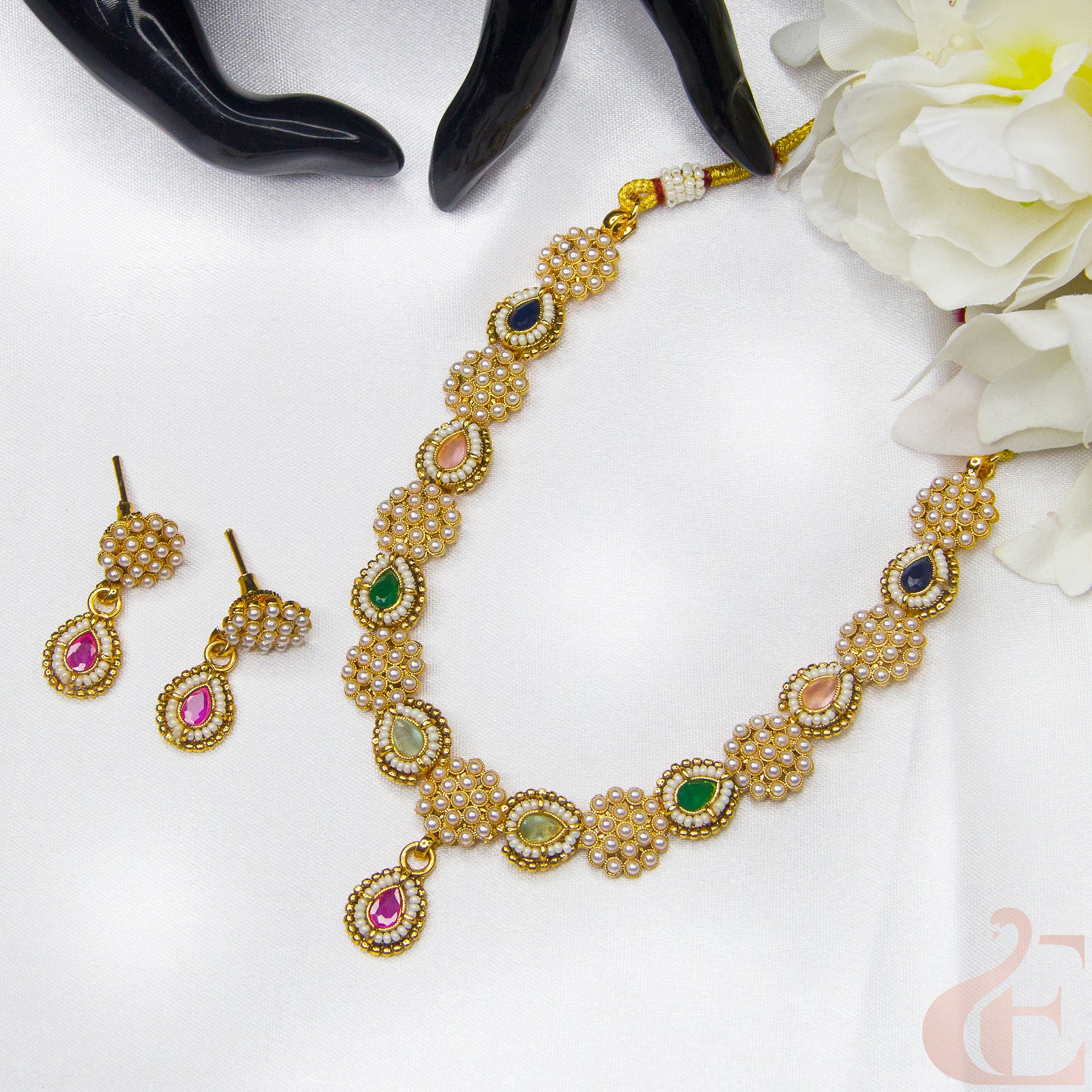 Top view of Antique Design Pearl Necklace & Earrings , Multi color stones 