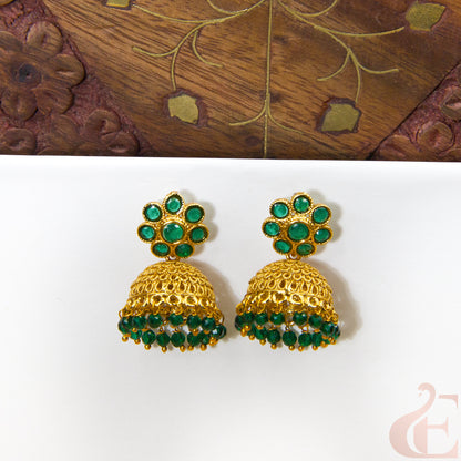 Front view ofAntique Earring Light weight Premium Jhumka  Green Stone