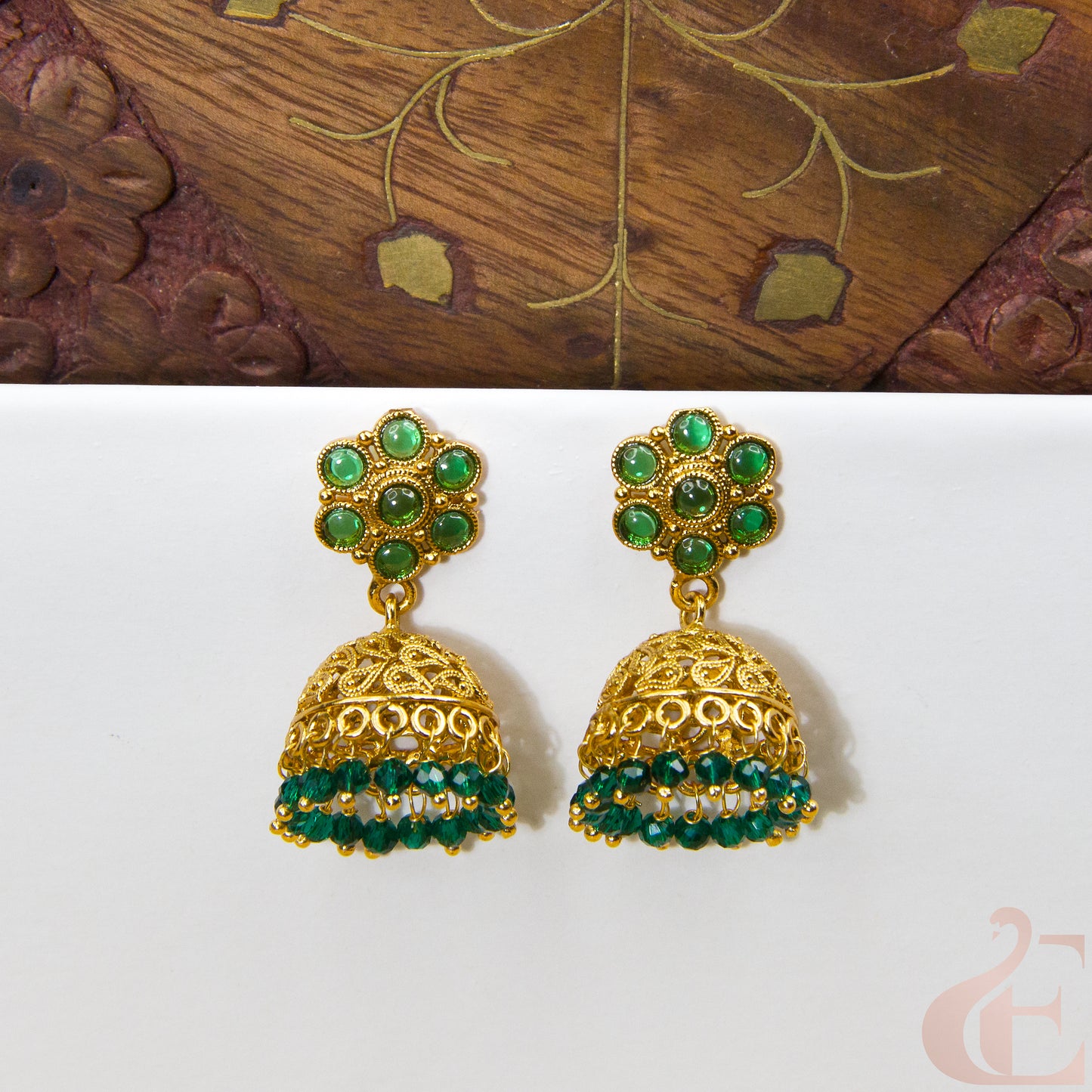 Front view of Antique Earring Light weight Premium Jhumka  Green stone