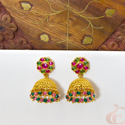 Front view of Antique Earring Light weight Premium Jhumka Ruby green stone