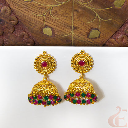 Front view of Antique Earring Light weight Premium Jhumka Ruby green stone