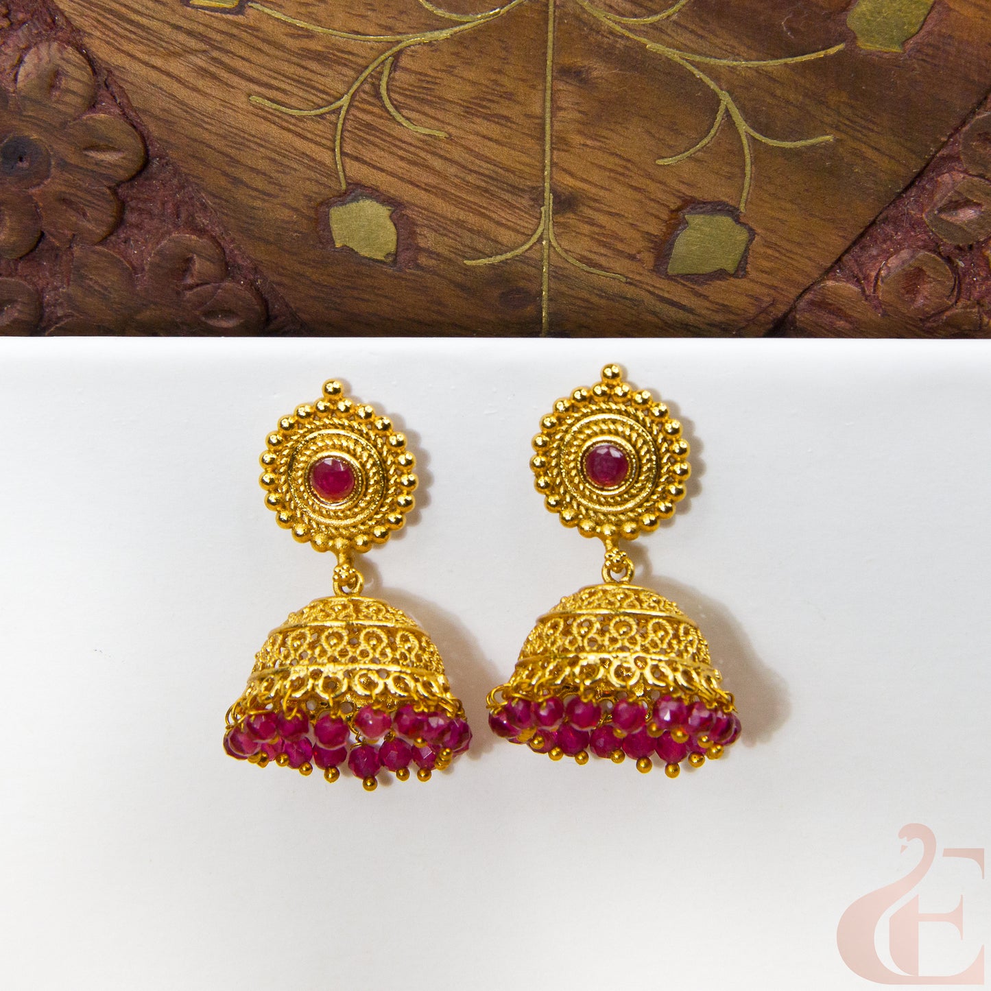 Front view of Antique Earring Light weight Premium Jhumka Ruby  stone