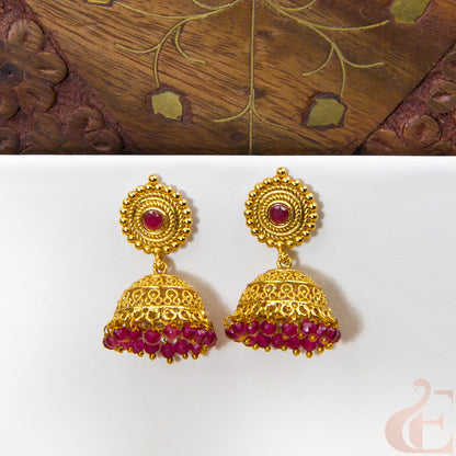 Front view of Antique Earring Light weight Premium Jhumka Ruby  stone