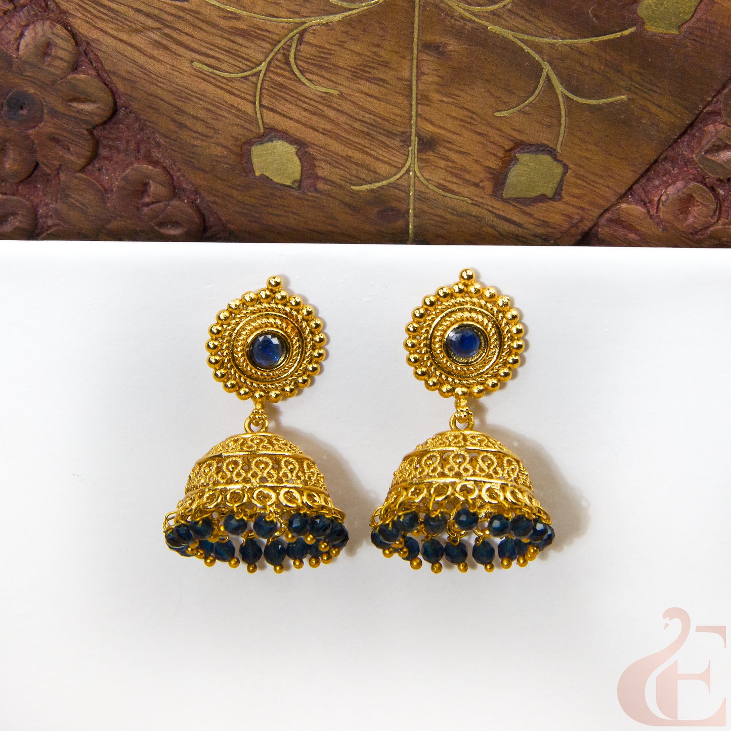 Front view of Antique Earring Light weight Premium Jhumka blue stone