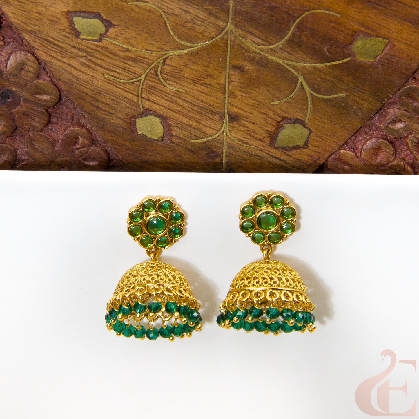 Front view of Antique Earring Light weight Premium Jhumka green stone