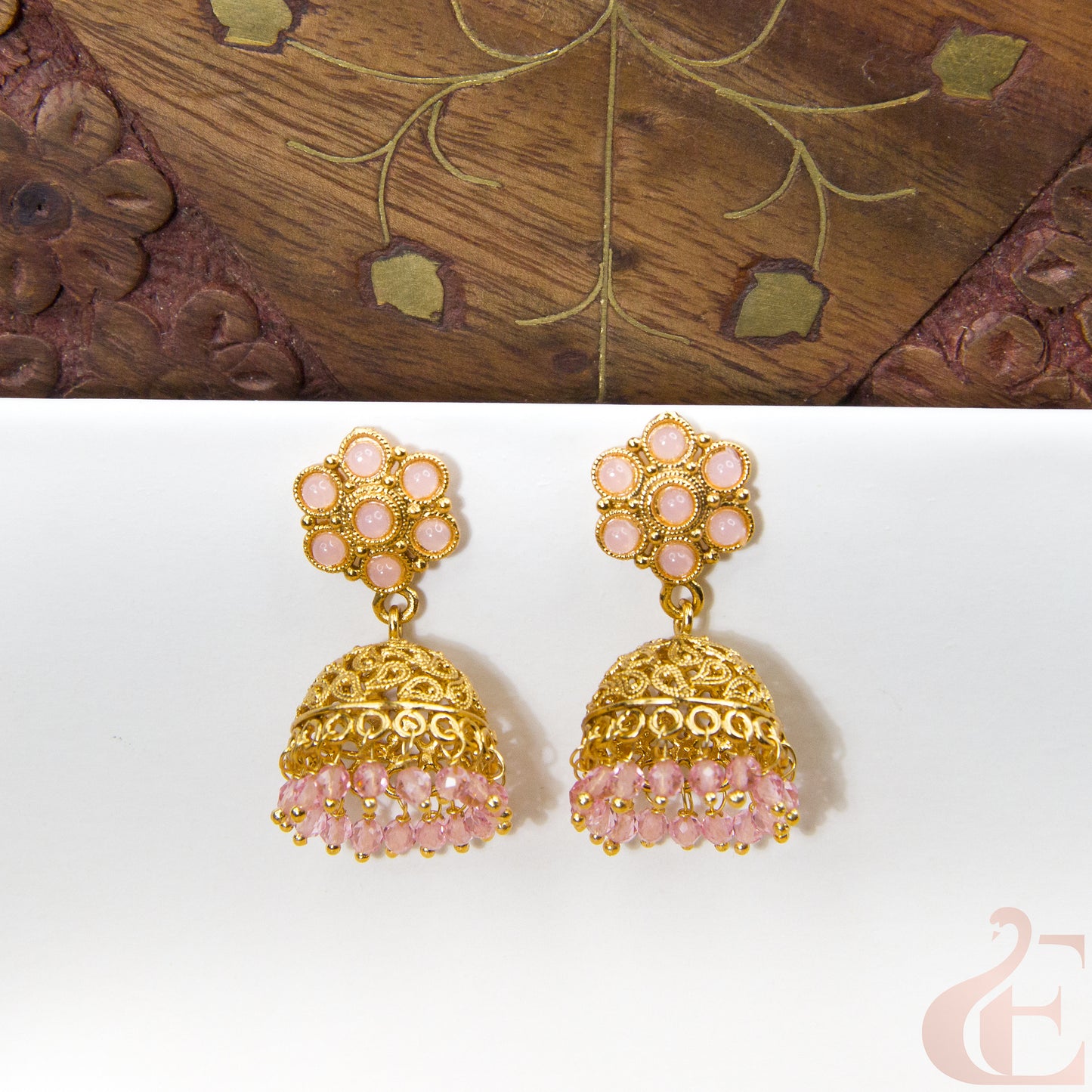 Front view of Antique Earring Light weight Premium Jhumka light pink stone
