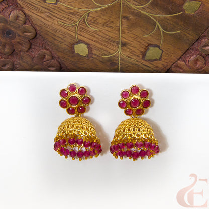 Front view of Antique Earring Light weight Premium Jhumka RubyStone