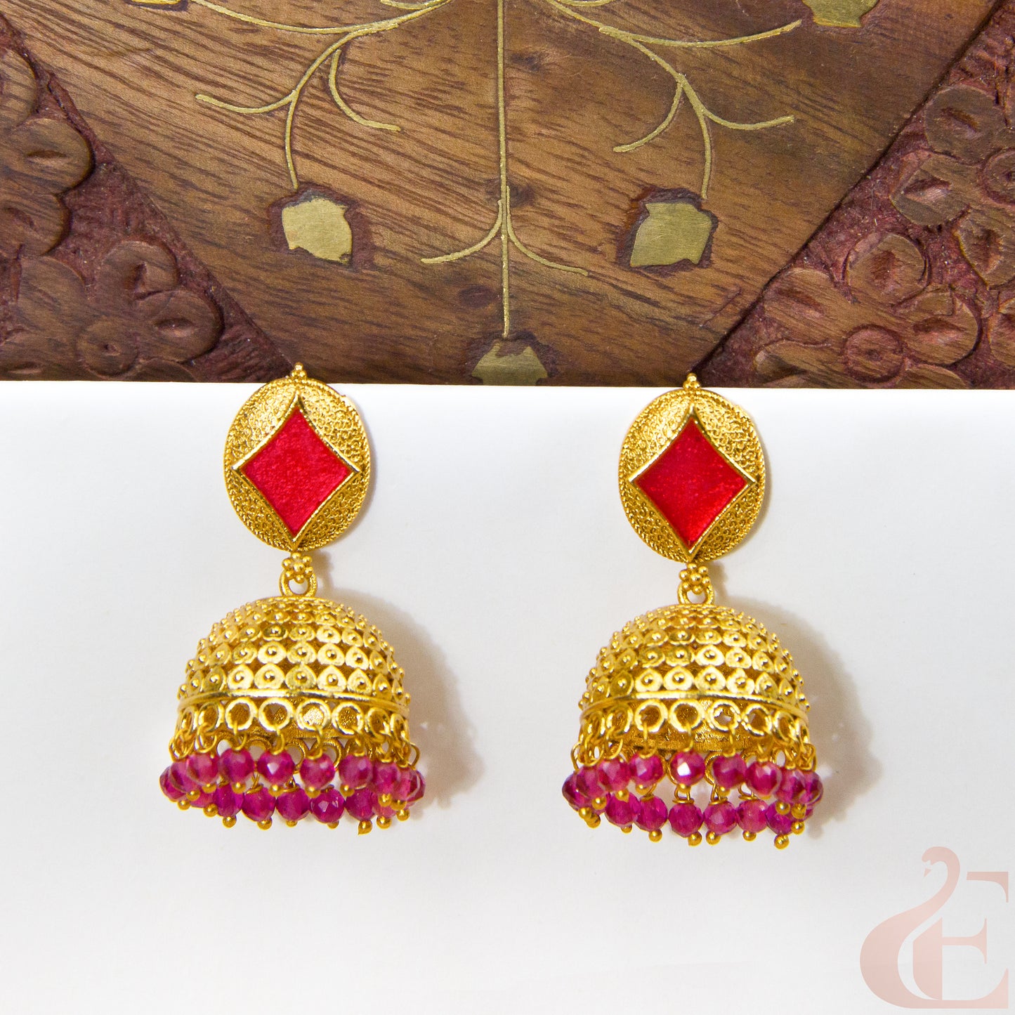 Front view of Antique Earring Light weight Premium Jhumka ruby Stone 77
