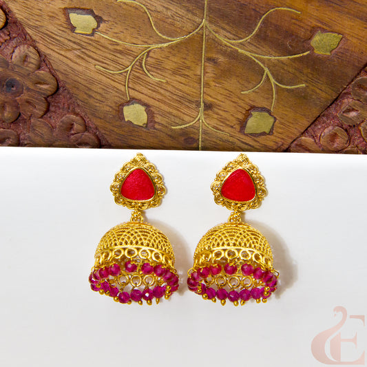 Front view of Antique  Earring Light weight Premium Jhumka ruby stone