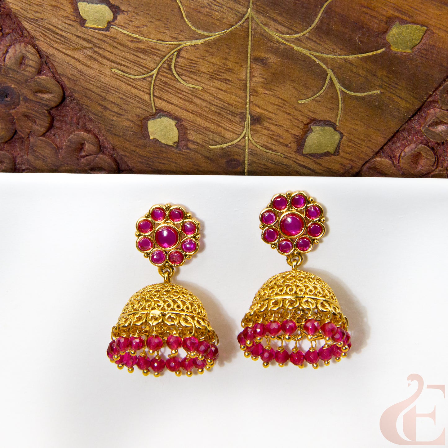 Front view  of Antique Earring Light weight Premium Jhumka ruby stone
