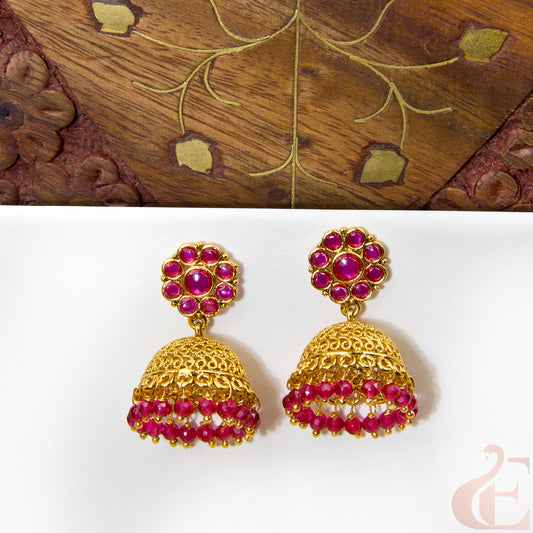 Front view  of Antique Earring Light weight Premium Jhumka ruby stone
