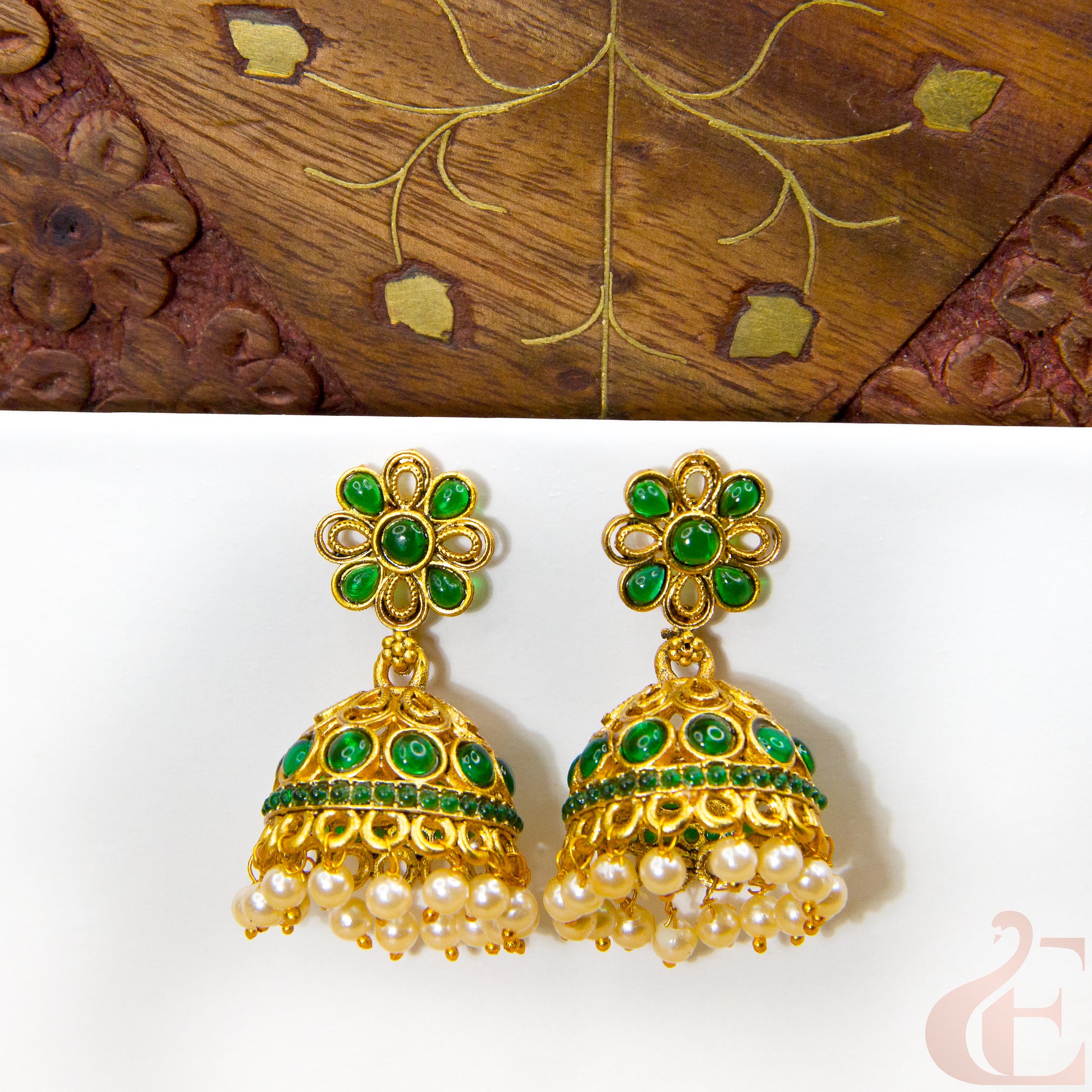 Front view of Antique Jhumka Green Stone