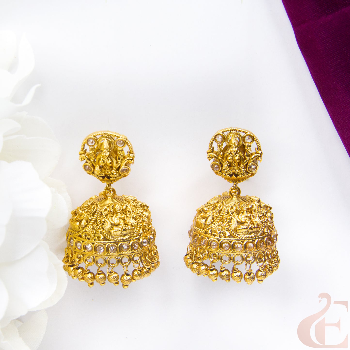 Top view of Premium Antique Light Weight Temple Jhumkas Earrings , white  stones