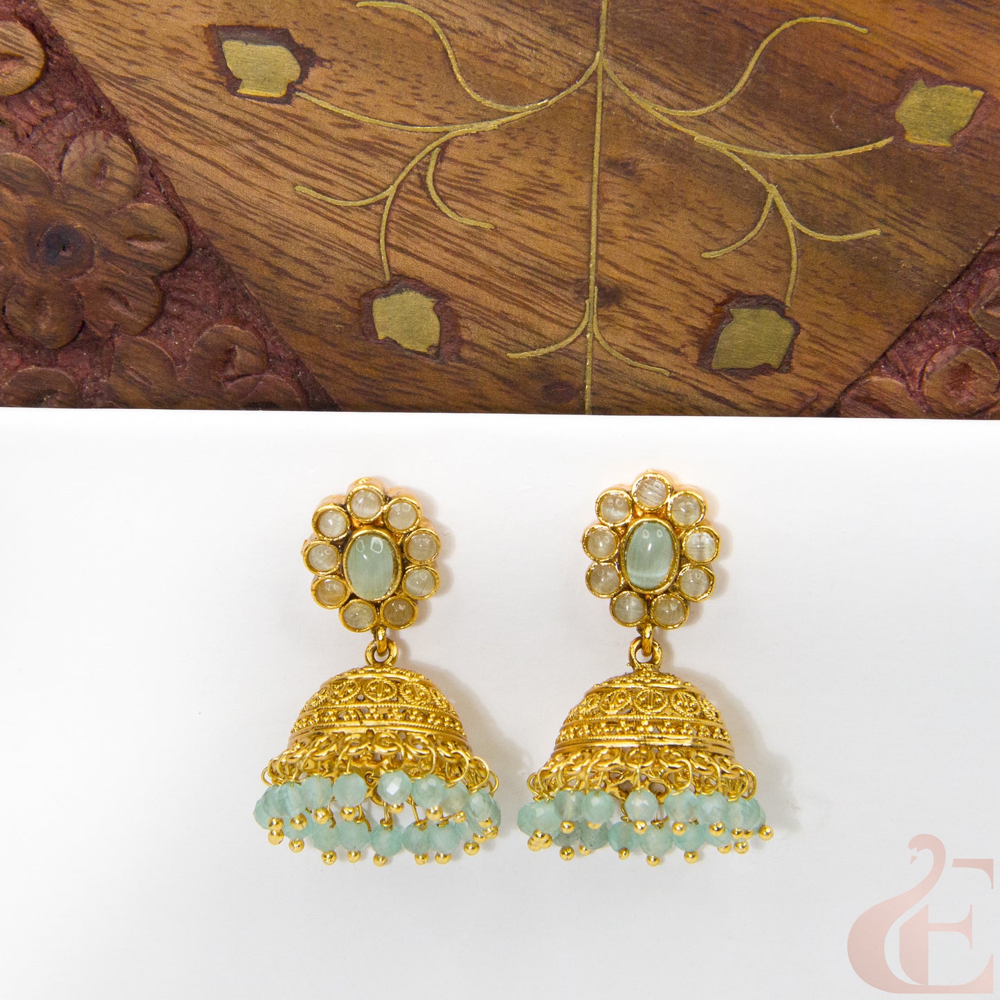 Front view of Antique Light weight Premium Jhumka Pista Green Stone