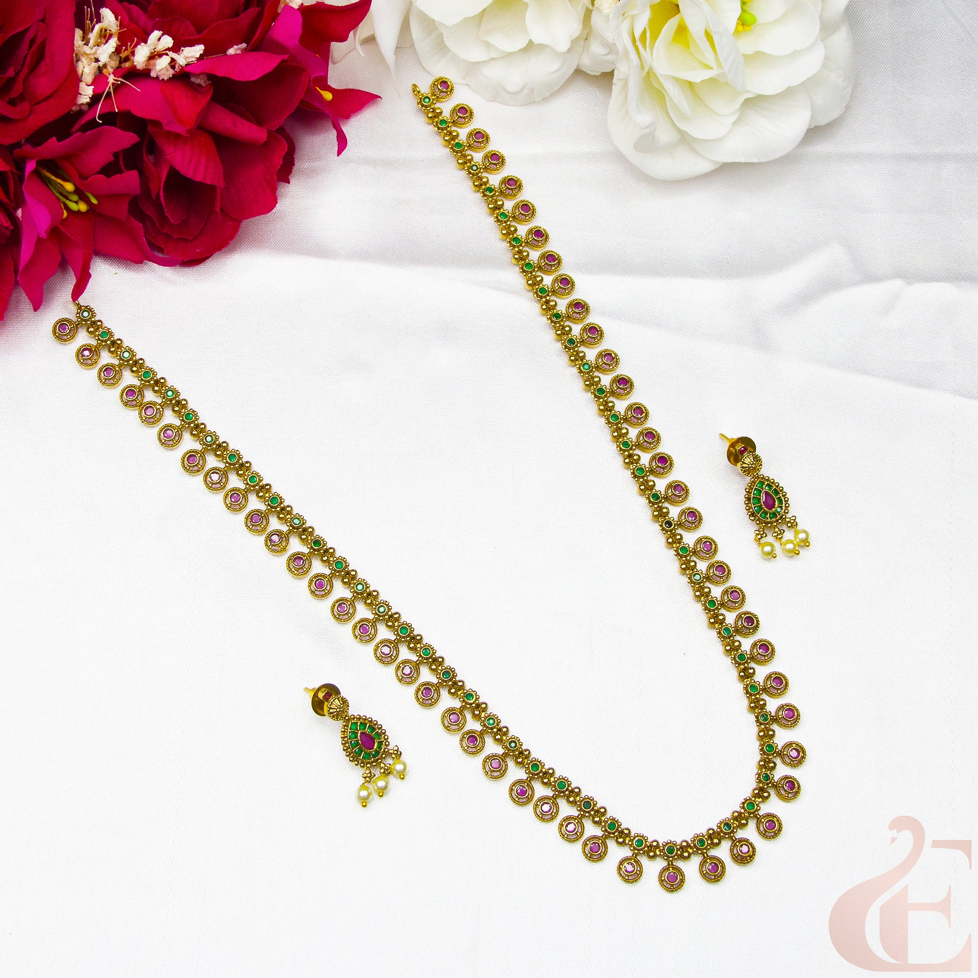 Top view of Antique Long Necklace & Earrings ruby green stones