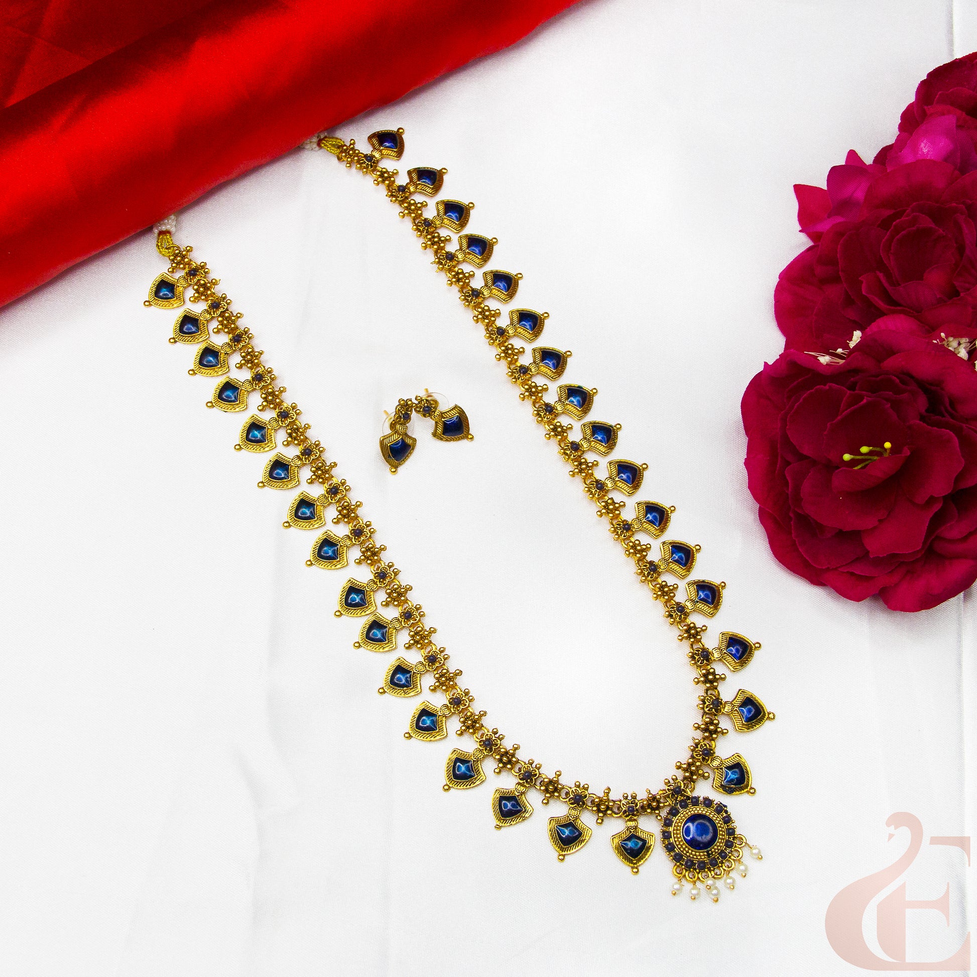 Top view of  Antique Long Palakka Necklace & Earrings , Blue Stones  