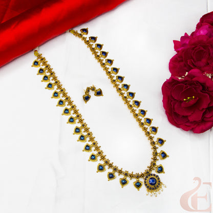 Top view of  Antique Long Palakka Necklace & Earrings , Blue Stones  