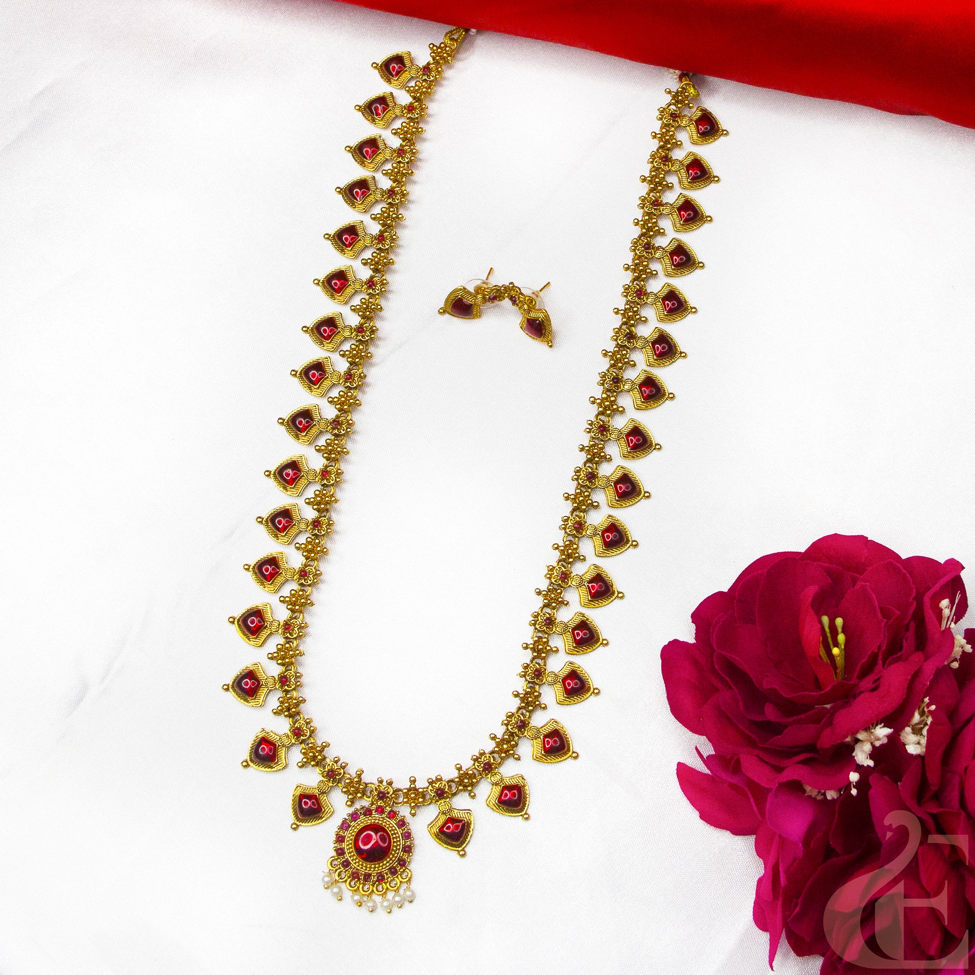 Top view of  Antique Long Palakka Necklace & Earrings , Red Stones  
