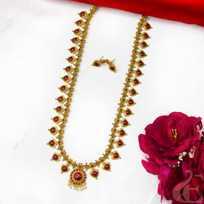 Top view of  Antique Long Palakka Necklace & Earrings , Red Stones  