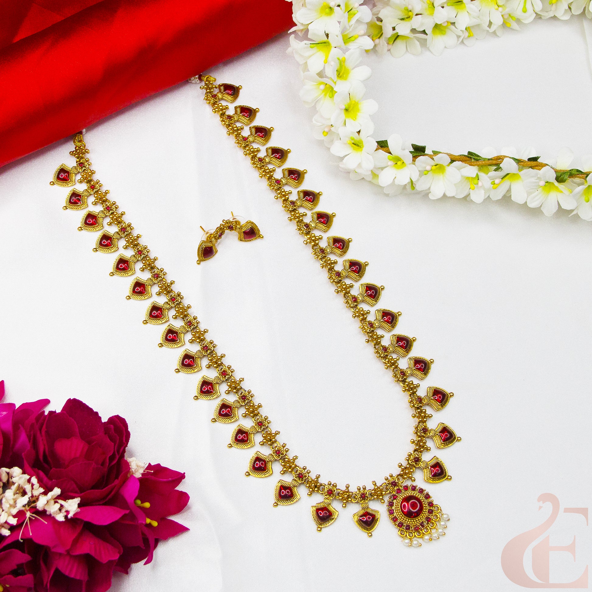 Top view of  Antique Long Palakka Necklace & Earrings , Red Stones  