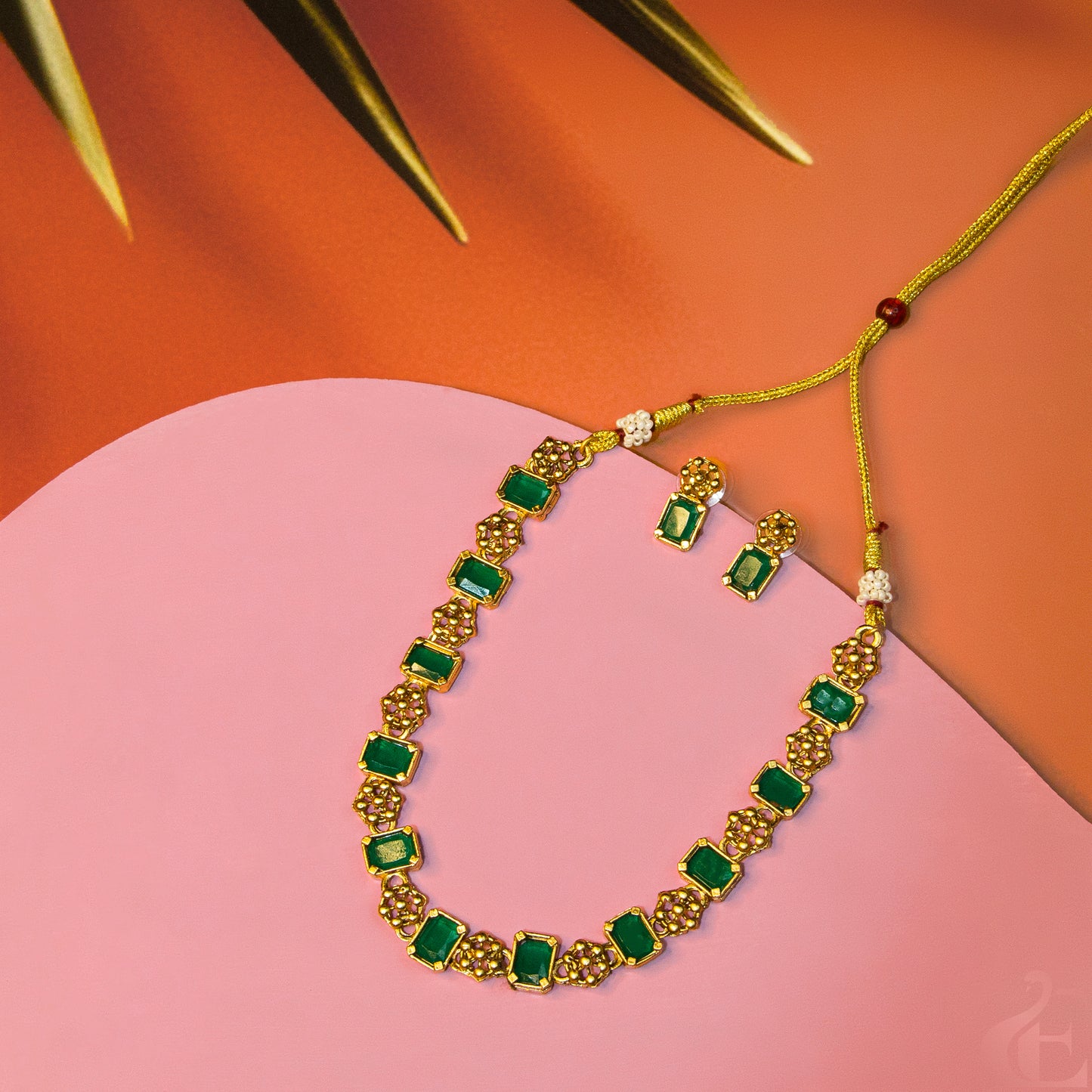 Antique Necklace & Earrings Green Stones