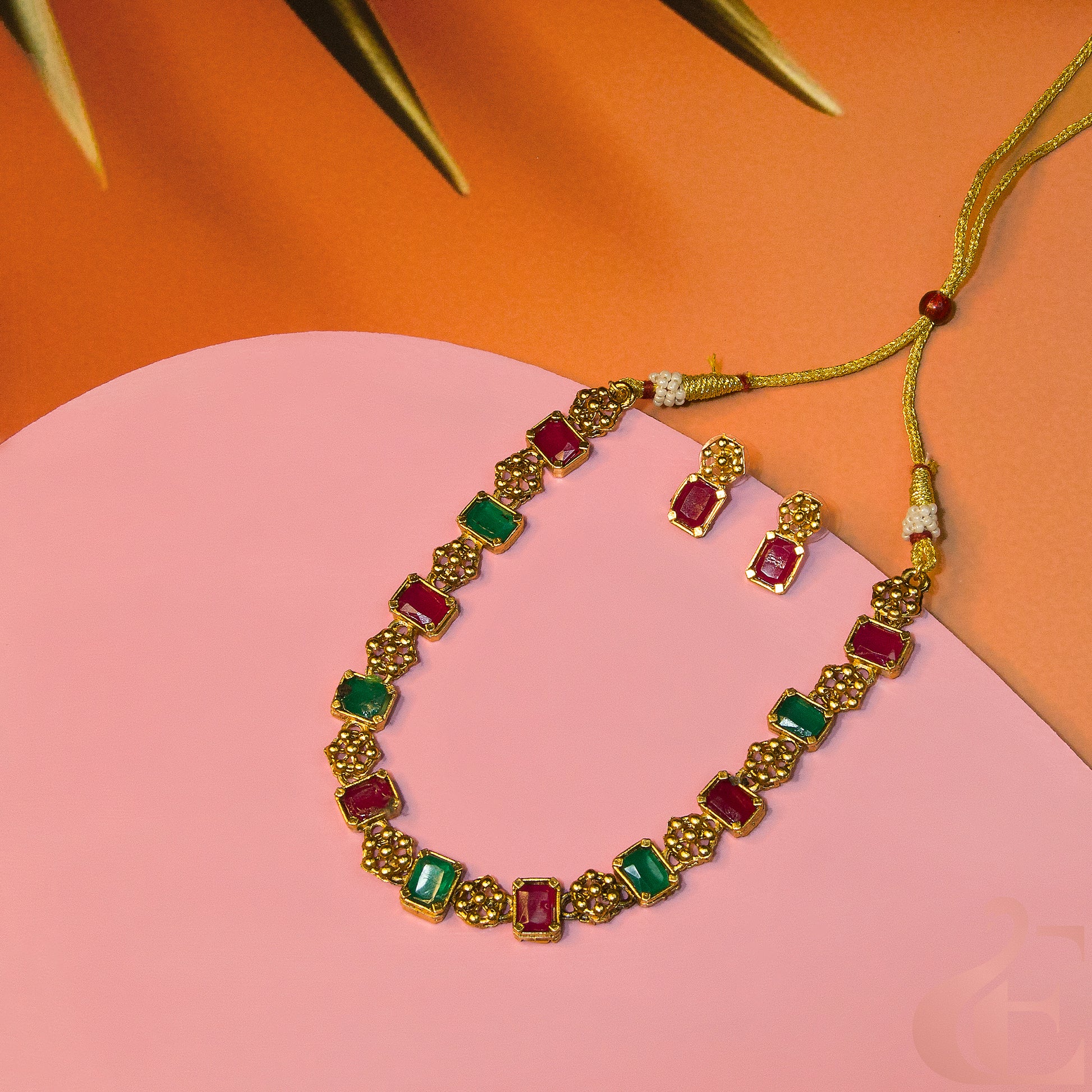 Antique Necklace & Earrings Ruby Green Stones