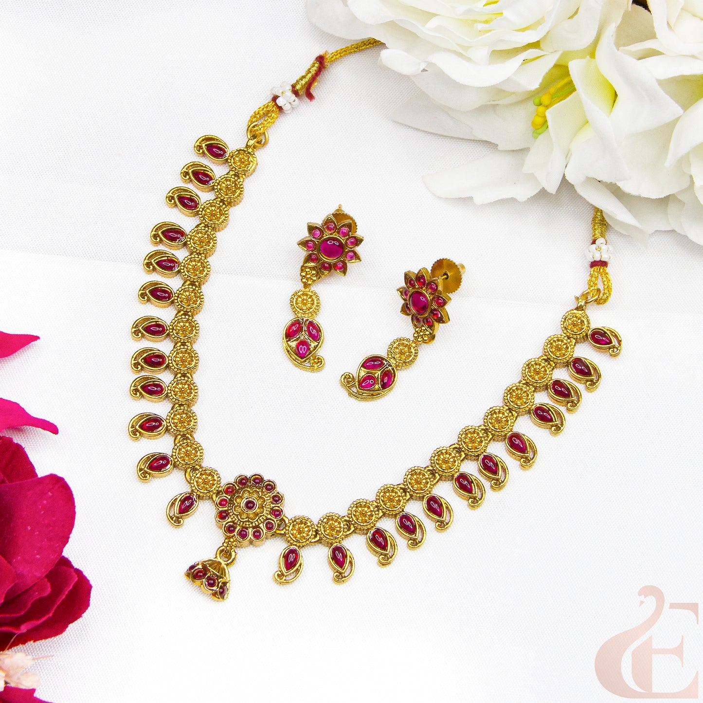 Top view of Antique Necklace & Earrings  Ruby stones 123