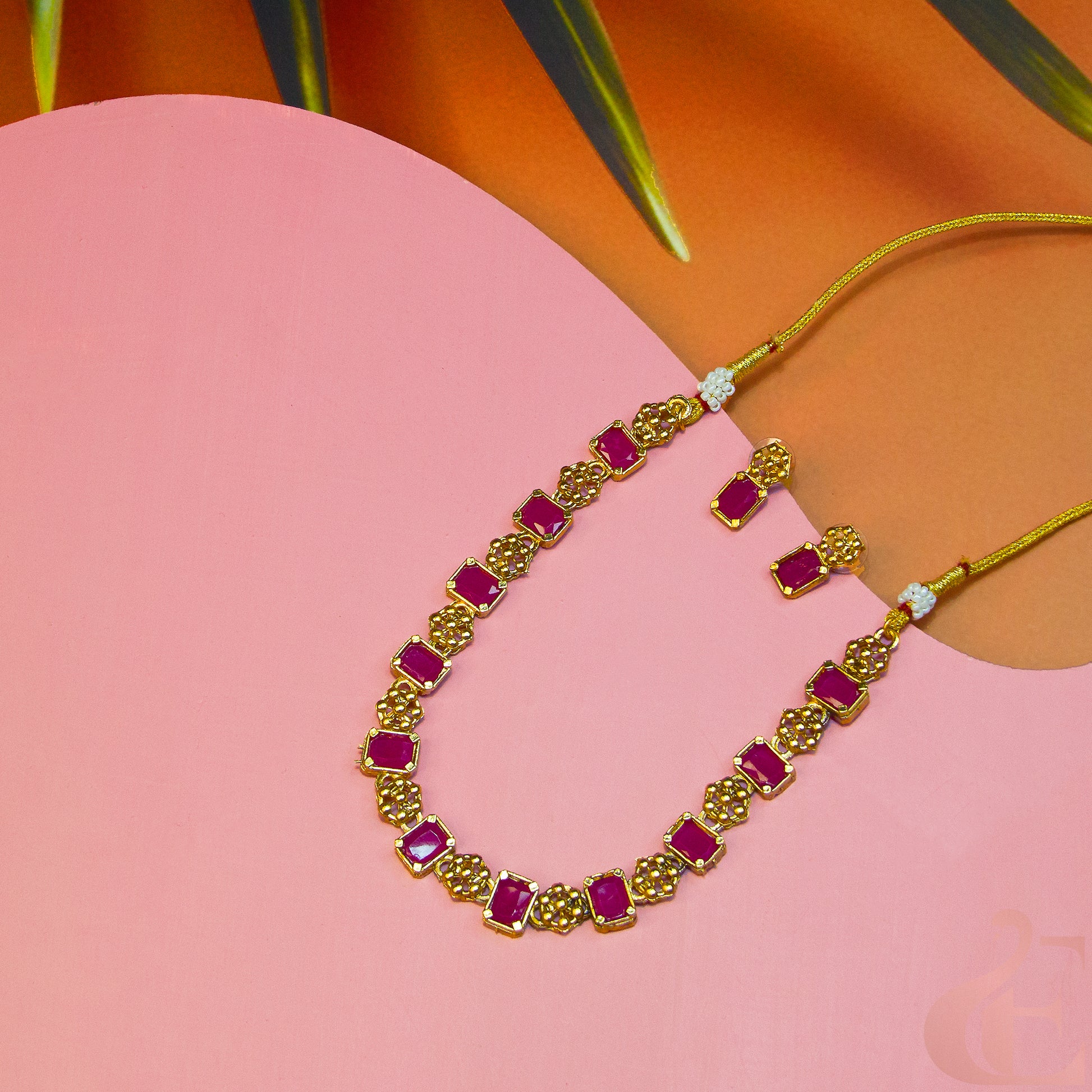 Antique Necklace & Earrings Ruby Stones