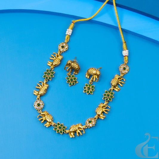 Top view of Elephant Design Antique Necklace & Earrings Green stones