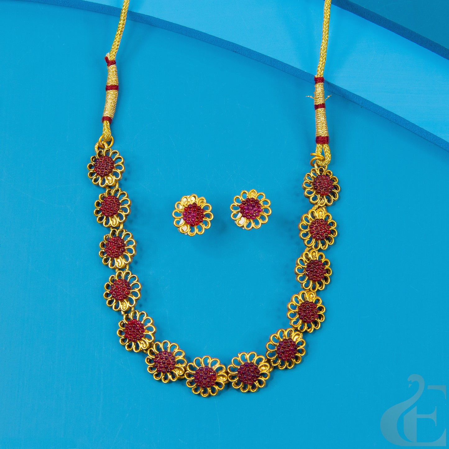 Top view  of Antique Necklace & Earrings , Ruby  color