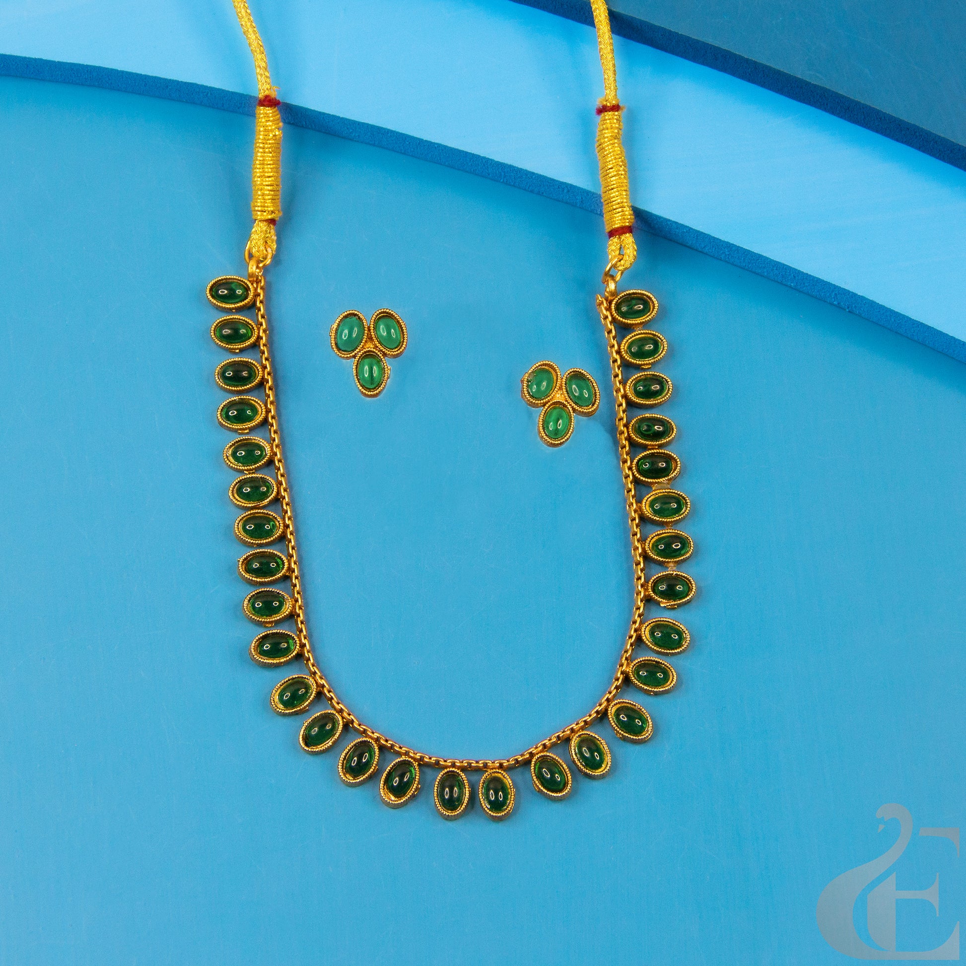 Top view of Antique Necklace & Earrings, Green stones