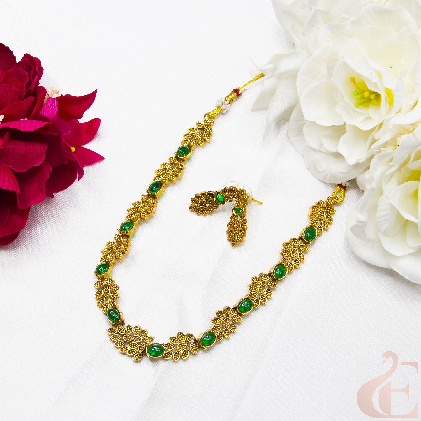 Antique Necklace & Earrings , Green stones 