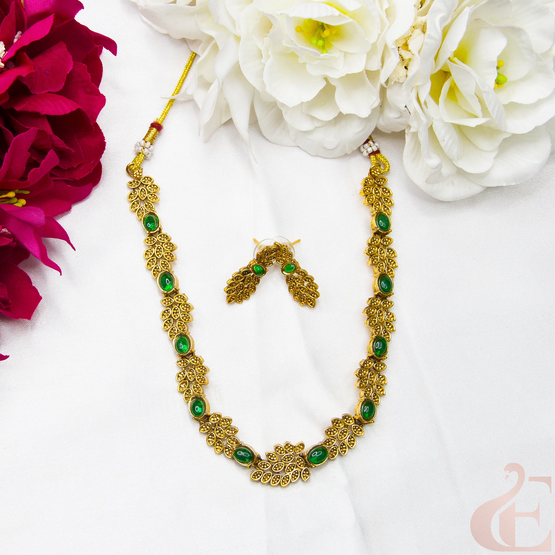 Top view of Antique Necklace & Earrings , Green stones 