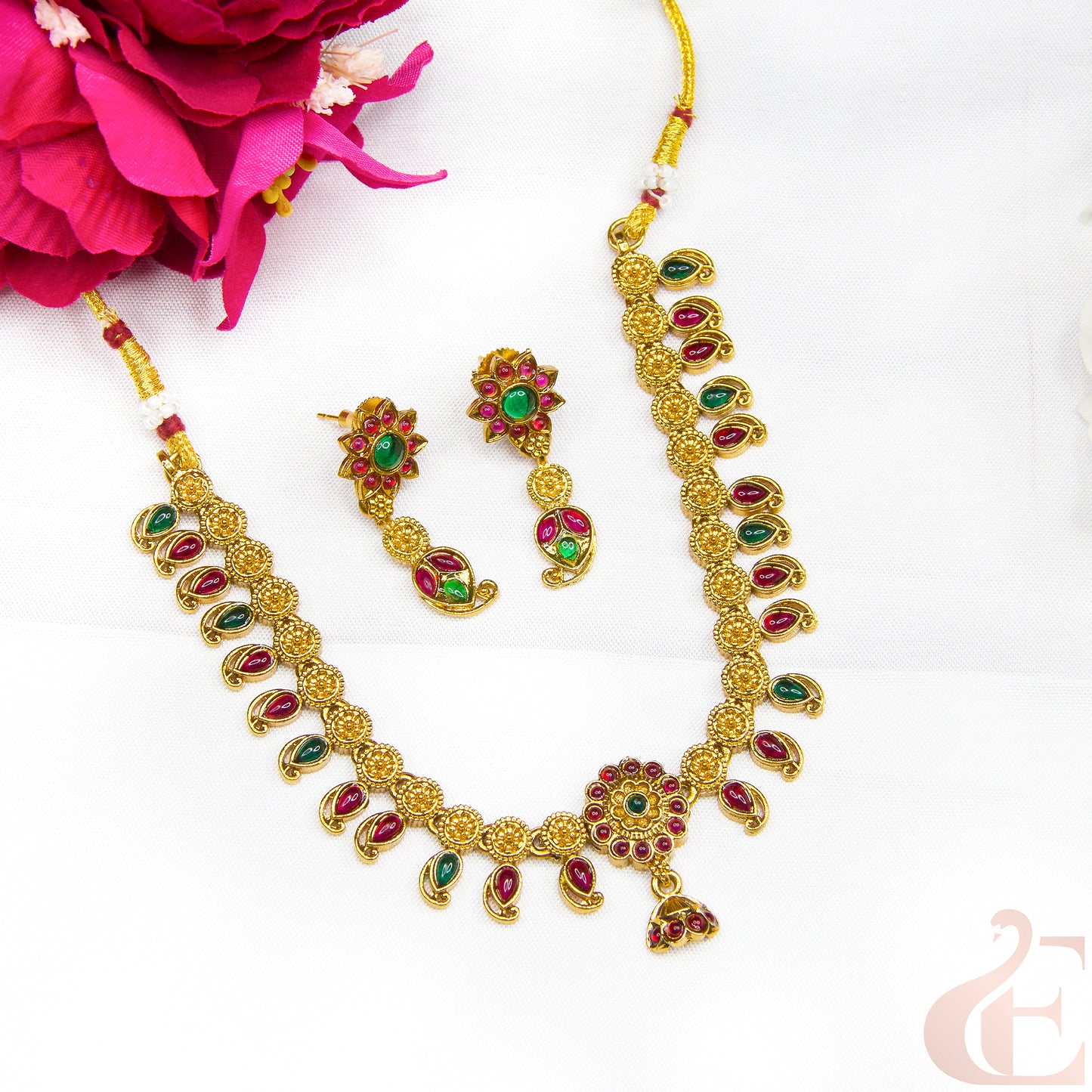 Top view of Antique Necklace & Earrings  Ruby Green stones 123