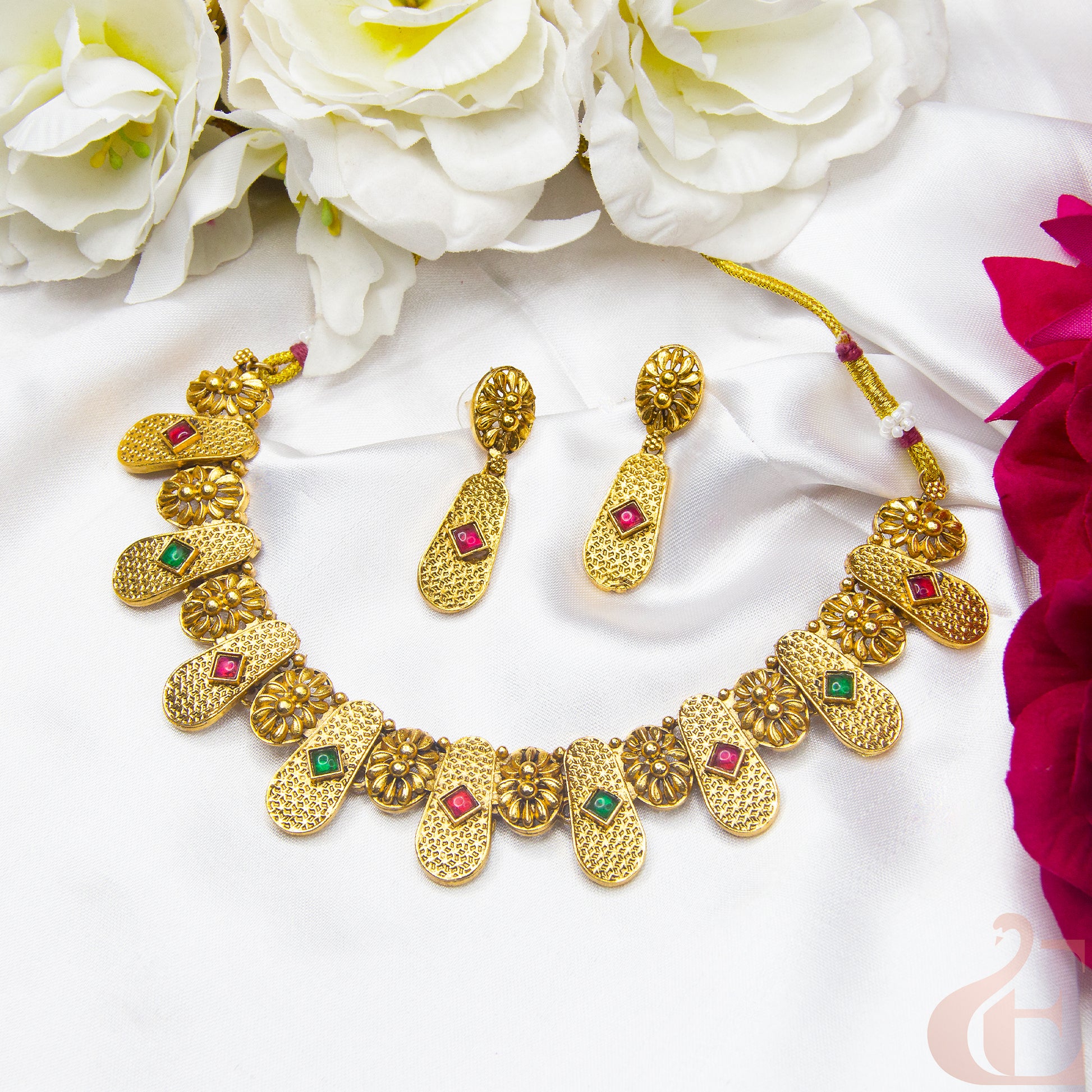 Top view of Antique Necklace & Earrings , Ruby Green stones  131