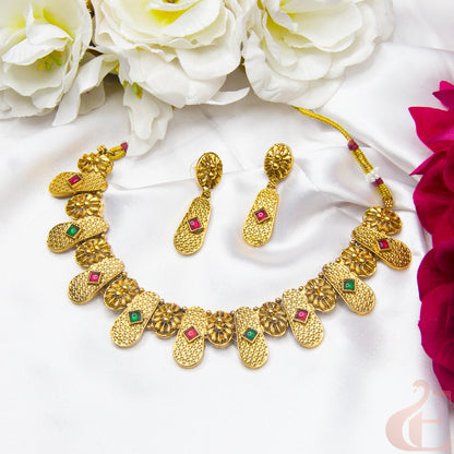 Top view of Antique Necklace & Earrings , Ruby Green stones  131