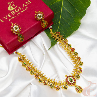 Side angle Top view of Antique Necklace & Earrings Ruby green white stones 