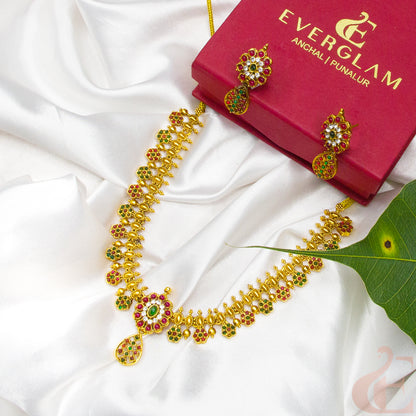 Side angle Top view of Antique Necklace & Earrings Ruby green white stones 