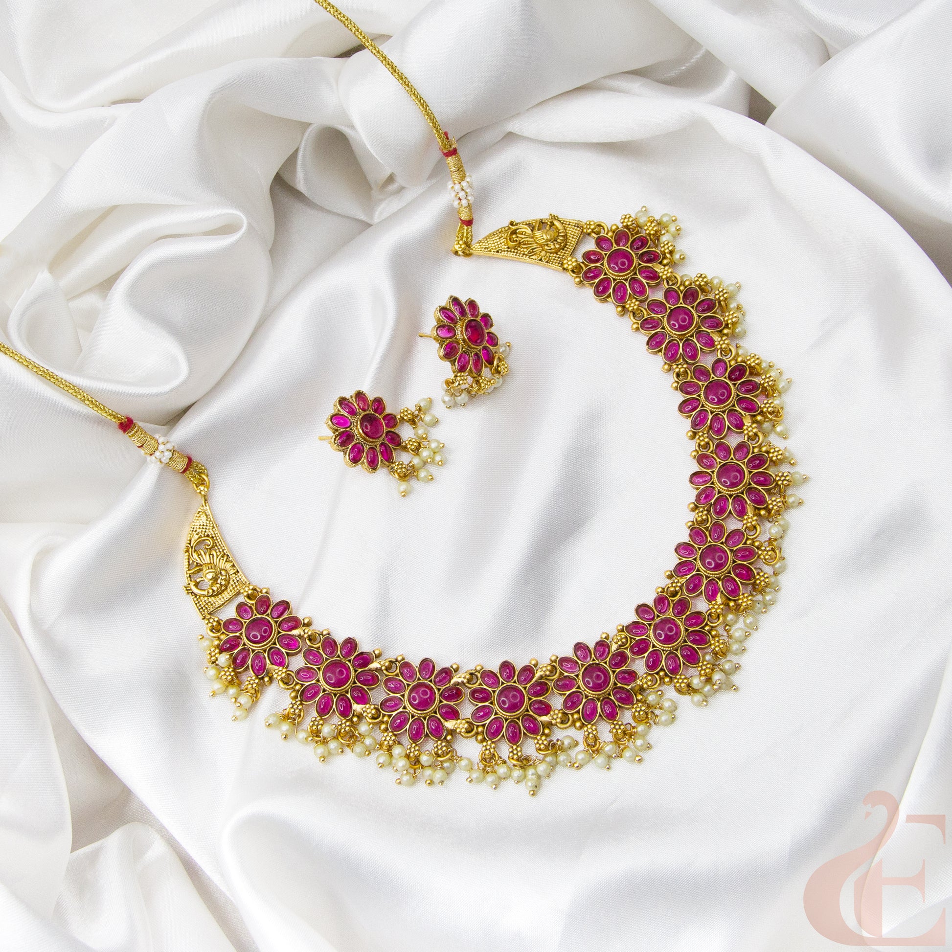 Side angle Top view of Antique Necklace & Earrings Ruby stones 