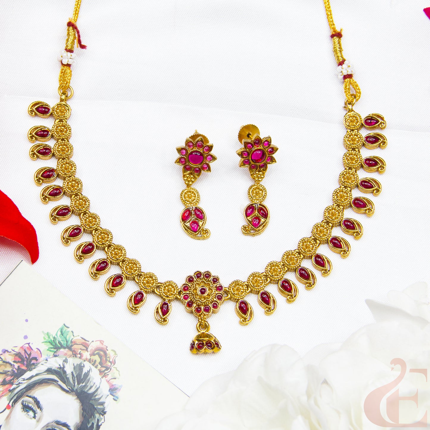 Top view of Antique Necklace & Earrings  Ruby stones 123