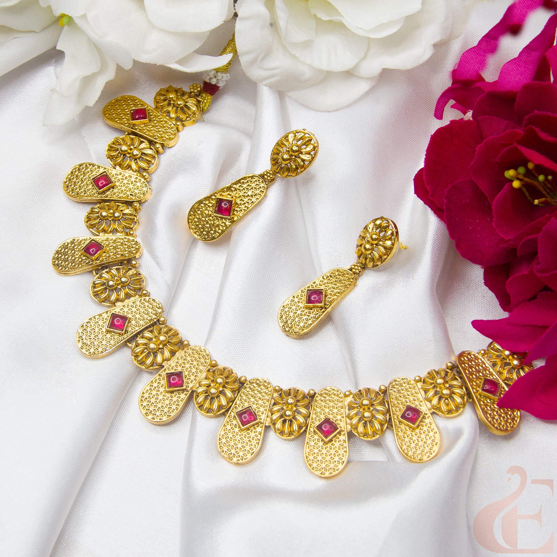 Top view of Antique Necklace & Earrings , Ruby stones  131