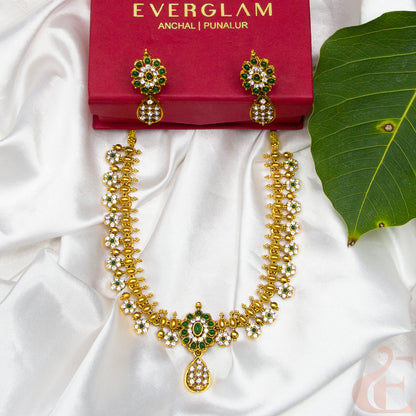 Top view of Antique Necklace & Earrings White Green stones 