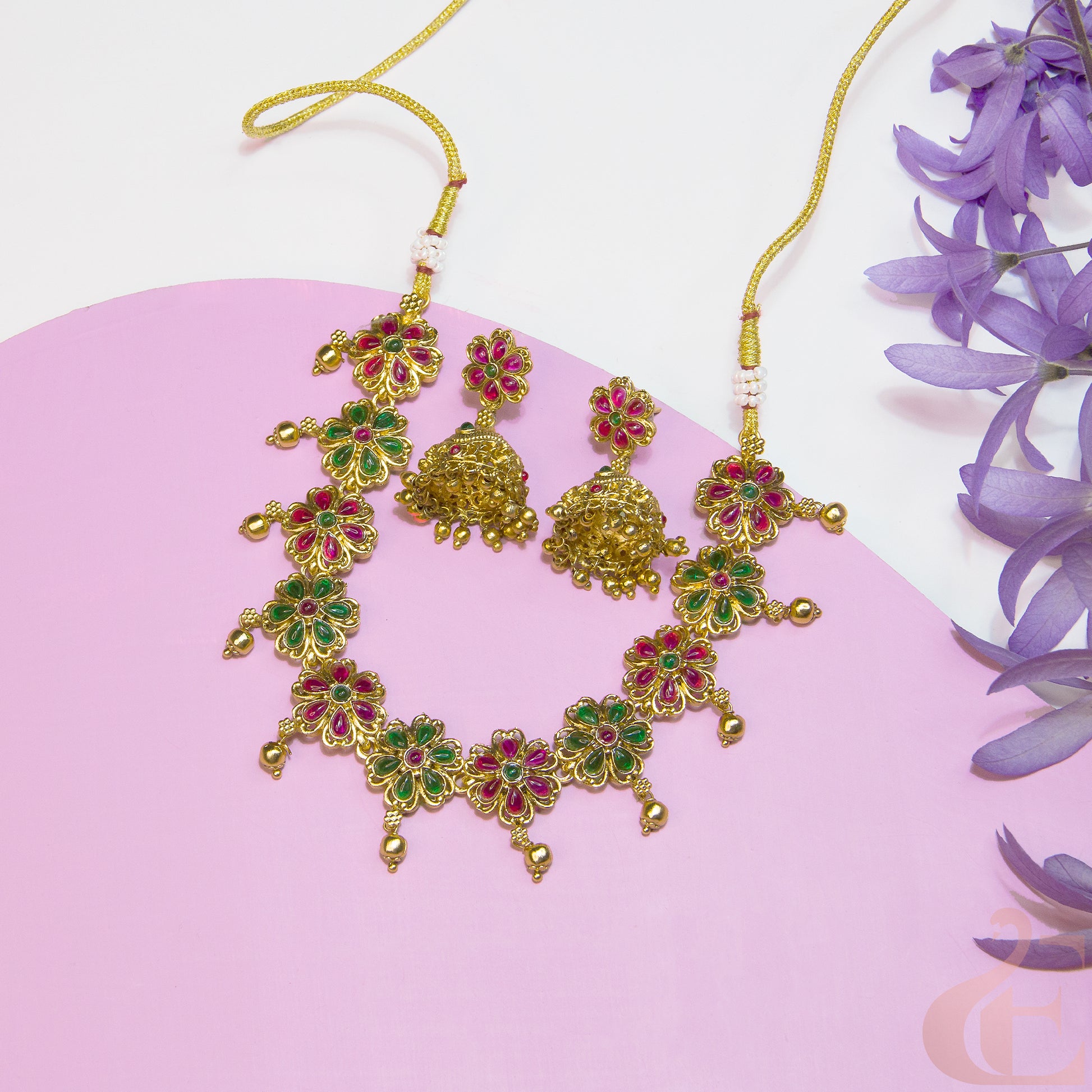 Top view of Antique Necklace & Jhumka Ruby green stones
