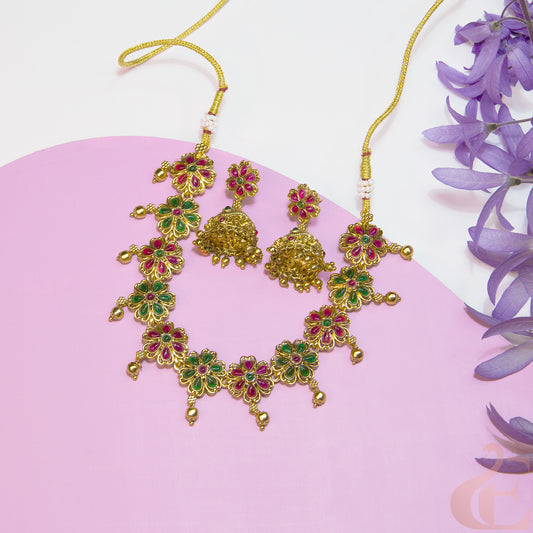 Top view of Antique Necklace & Jhumka Ruby green stones
