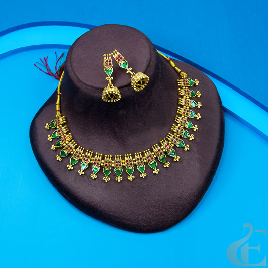 Antique Necklace & Jhumka Green Stones