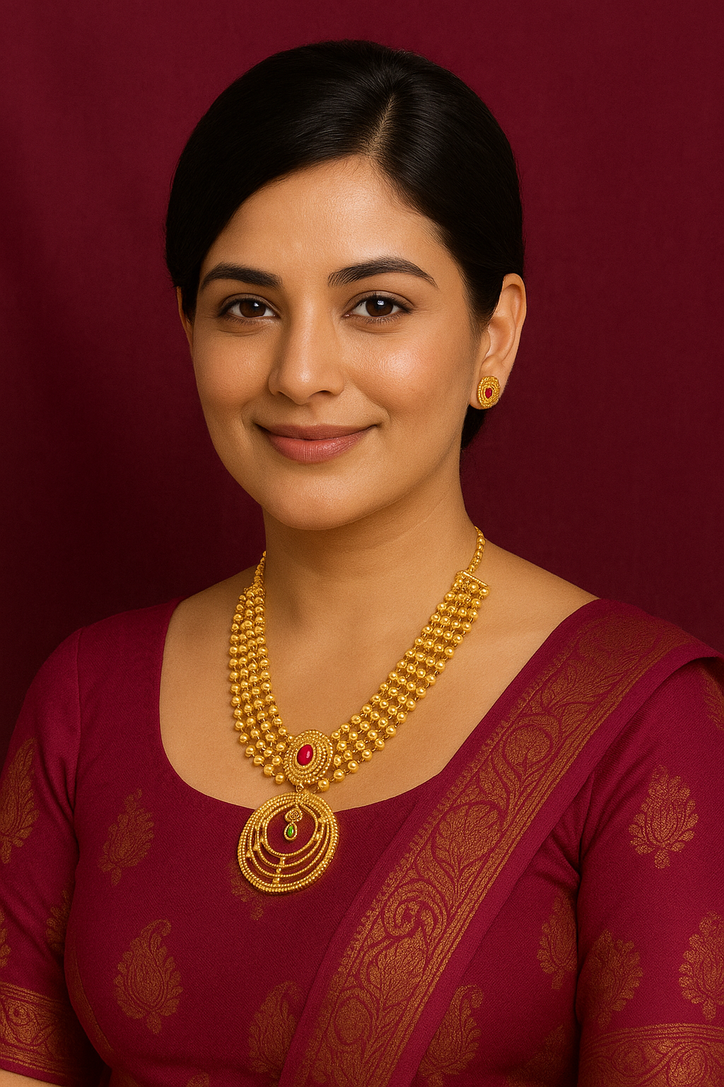 Woman wearing a maroon saree with gold jewelry against a red background