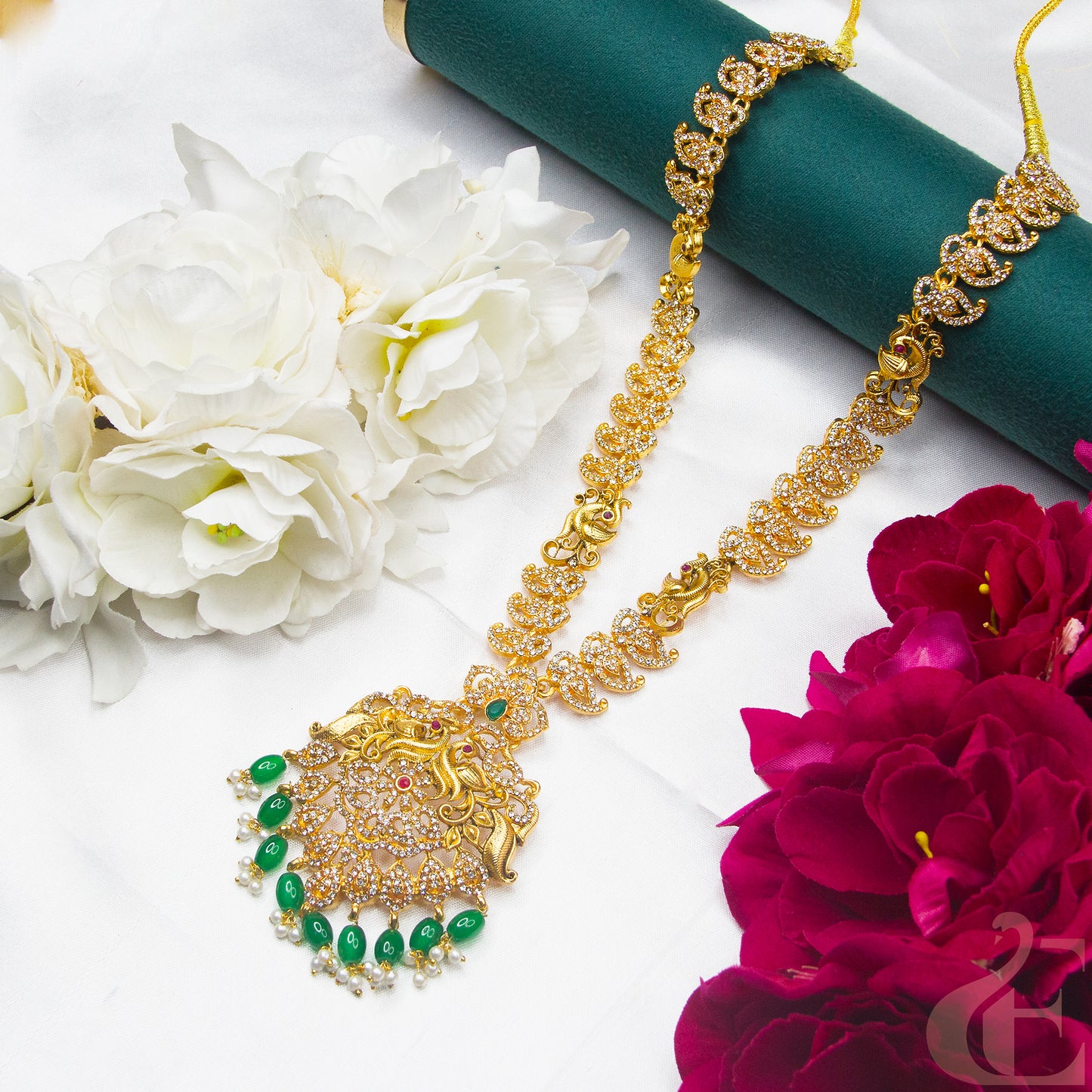 Top view of Antique Premium AD Long Necklace ruby green stones 133