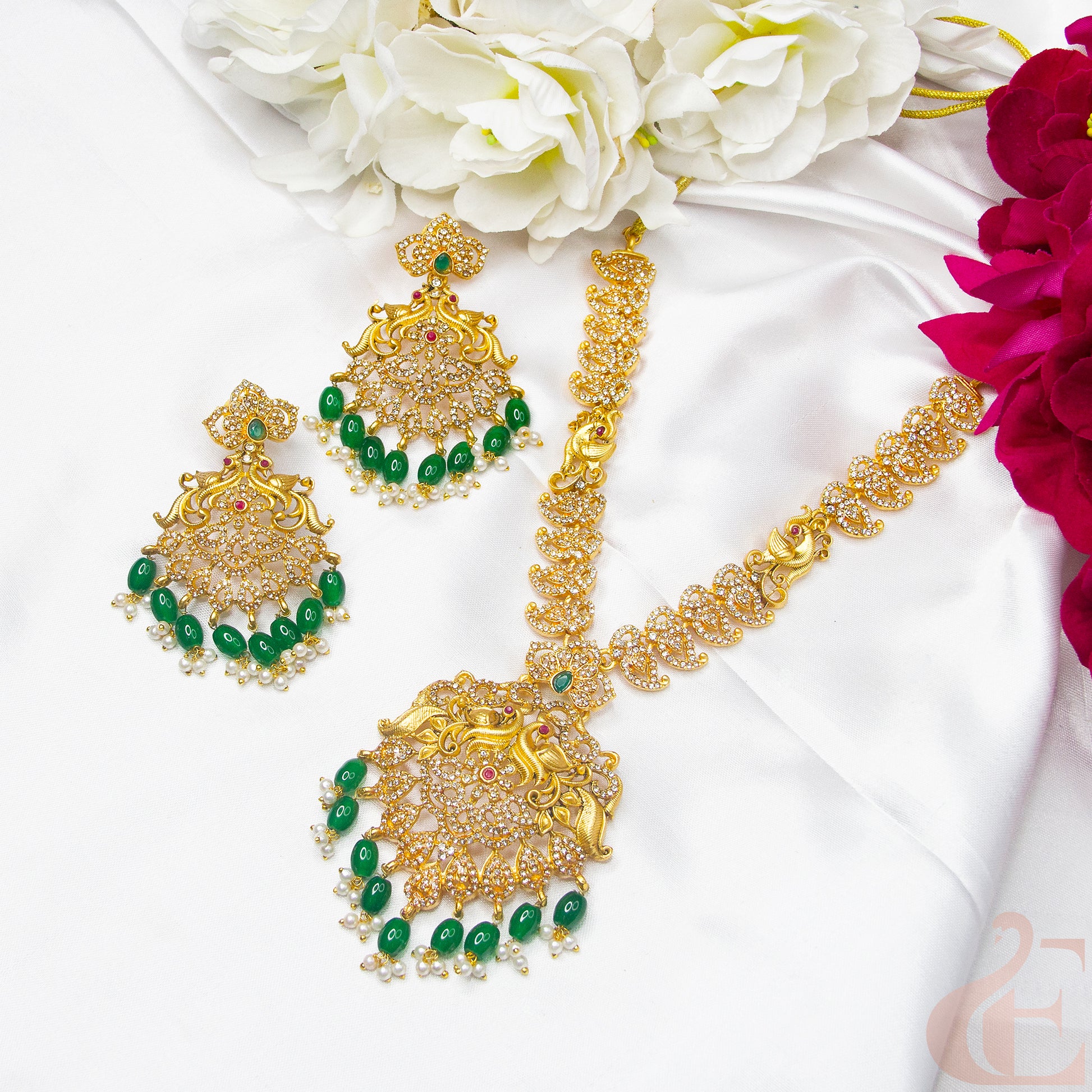 Top view of Antique Premium AD Necklace Set Ruby Green stones 134