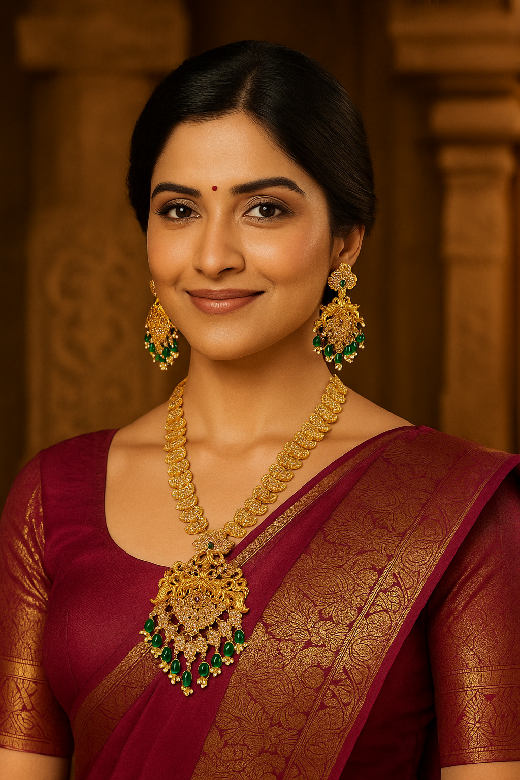 Woman wearing traditional jewelry and a saree with a warm background